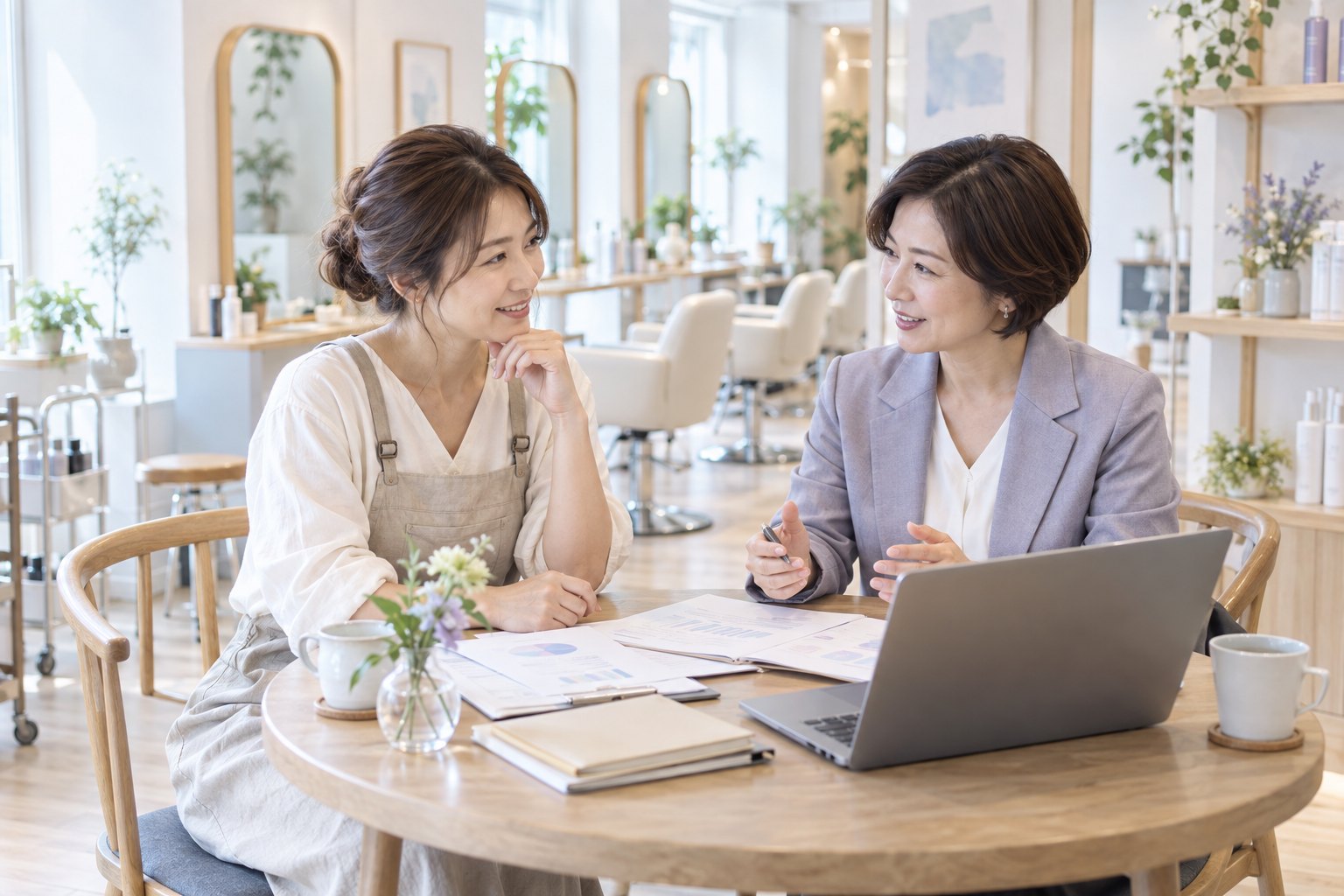サロンオーナーが専門家と事業計画を相談するイメージ