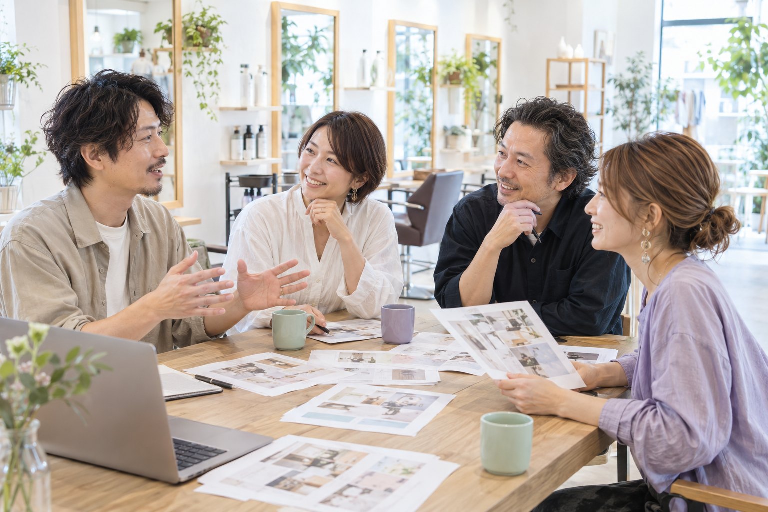 サロン経営者が少人数の勉強会で事例を共有するイメージ