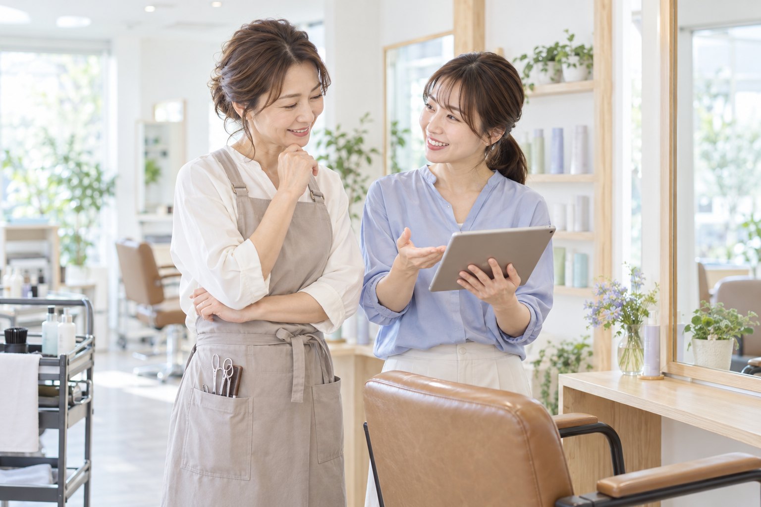 復職する美容師を同僚が温かく迎え、仕事を説明するイメージ