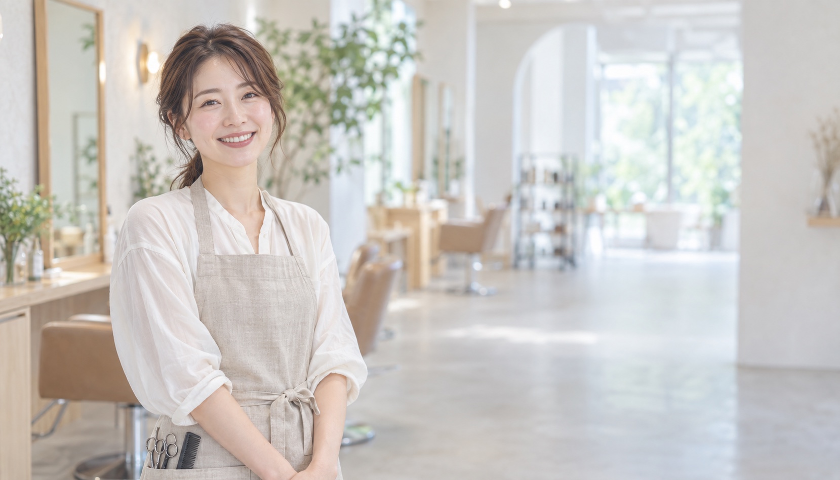 ナチュラルな美容サロンで微笑む女性スタッフのイメージ