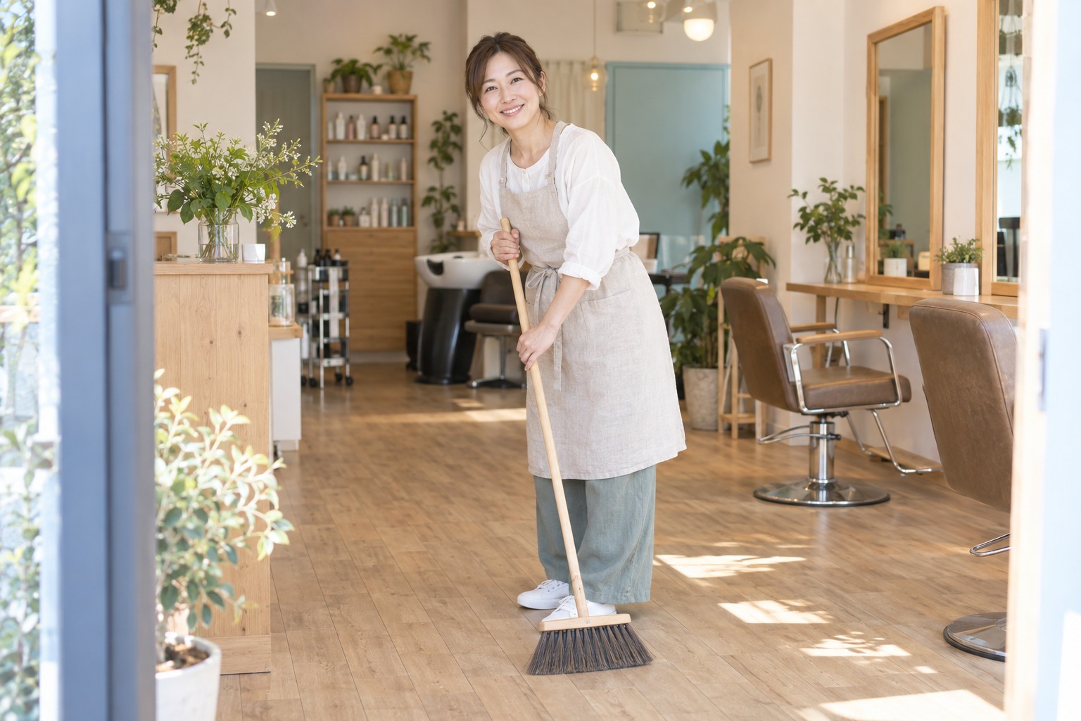サロンを掃除しながら、来店したお客様を笑顔で迎えるオーナーのイメージ