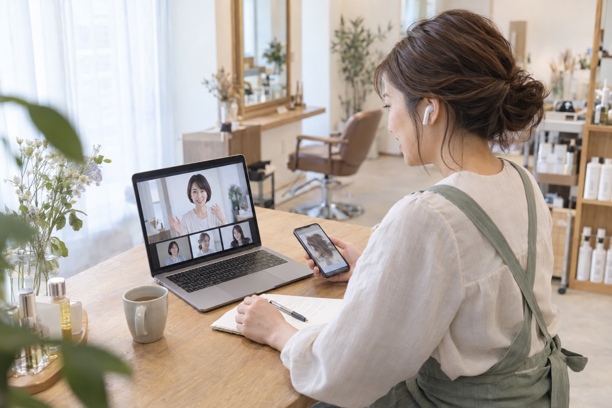 サロンの休憩時間に、オンラインセミナーを受けながらスマホでAIを試すサロンオーナー