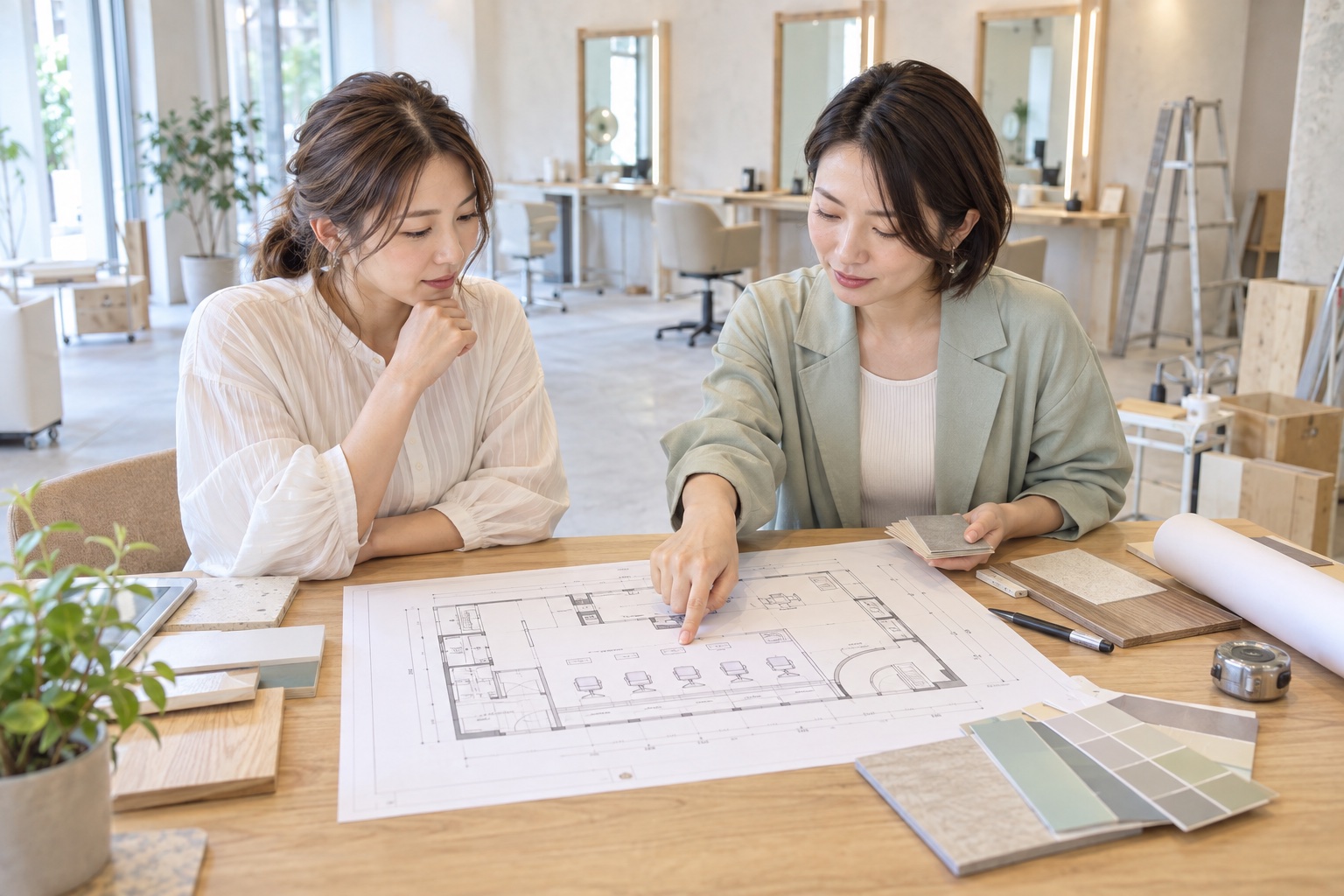 サロンの図面や内装の素材を見ながら開業を相談するイメージ